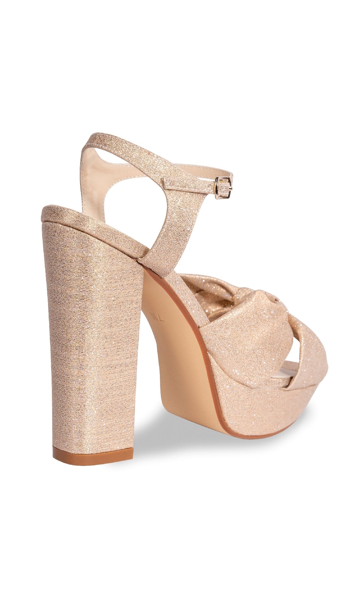 The Sailor Champagne Shimmer Shoes: Touch Ups 4662 feature a glittery champagne platform, thick high heel, ankle strap with buckle—elegant prom sandals beautifully showcased from the back.